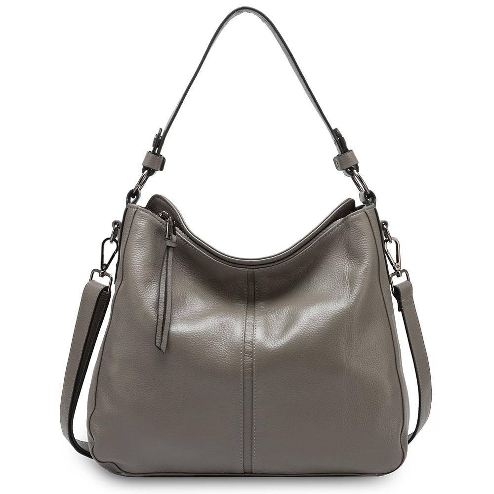 Zency 100% Genuine Leather Elegant Women Shoulder Bag Classic Black Hobos Roomy Casual Tote Handbag Crossbody Messenger Grey