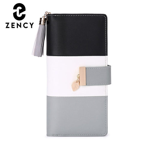 Zency 2021 Female Multifunction Cowhide Leather Wallet Casual Color Contrast Hasp Bag For Women Zipper Long Coin Fashion Purses