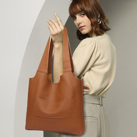 Image of Zency Soft Genuine Leather Female Handbag Large Capacity Ladies Tote Bag Simple Casual Shopping Shoulder Bag For Women Black