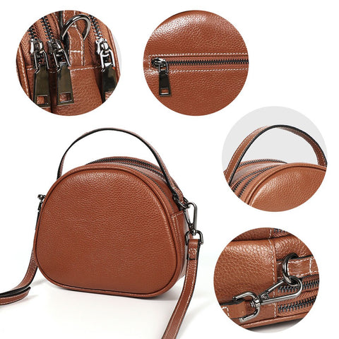 Image of Zency Genuine Leather Retro Fashion Circular Crossbody Bags For Women 2021 Simple Luxury Small Lady Shoulder Bag Solid Handbag