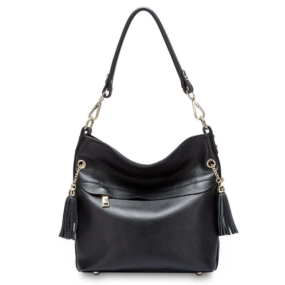 Zency 100% Genuine Leather Charm Women Shoulder Bag With Tassel Fashion Lady Messenger Crossbody Purse Black White Handbag