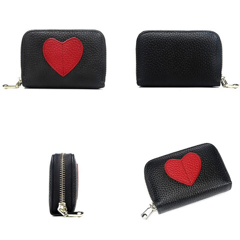 Image of Zency Mini Short Wallet For Women Genuine Leather Heart Shape Decoration Daily Casual Coin Pocket Purse Card Holders Black Red
