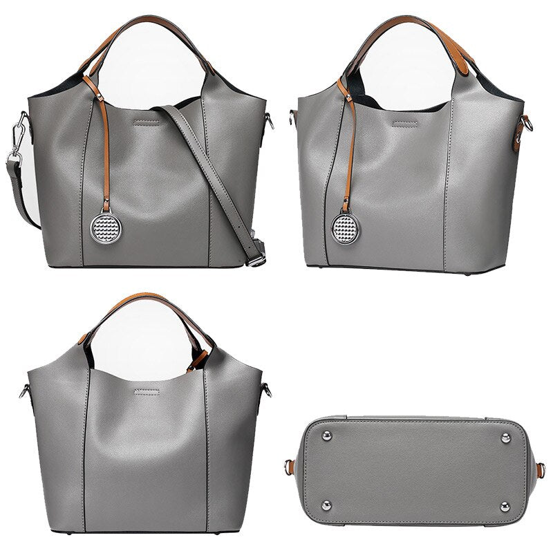 Zency 100% Genuine Leather Fashion Women Handbag Casual Tote Large Capacity Elegant Lady Shoulder Crossbody Bags Black Grey