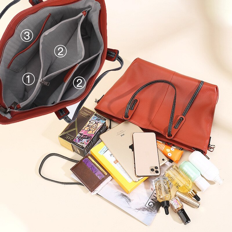 Zency Soft Genuine Leather Handbag New Design Tote Bag Large Capacity Classic Shoulder Bag Simple Casual Shopping Crossbody Bag