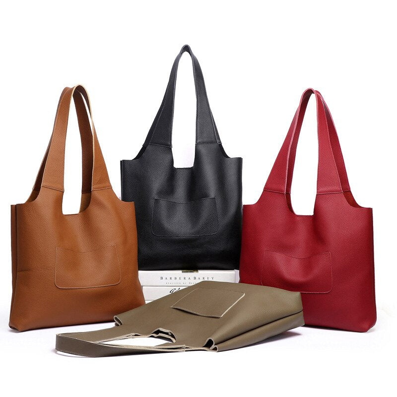 Zency Soft Genuine Leather Female Handbag Large Capacity Ladies Tote Bag Simple Casual Shopping Shoulder Bag For Women Black