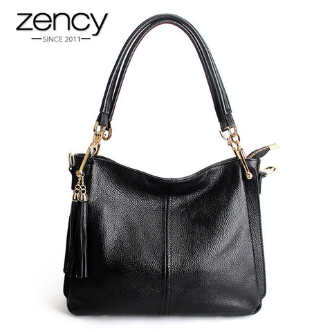 Image of Zency Tassel Women Shoulder Bag 100% Genuine Leather Handbag Elegant Crossbody Bags Ladies Messenger Purse Hobos Grey Black