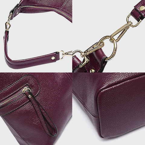 Image of Zency Charm Purple 100% Genuine Leather Fashion Women Shoulder Bag Both Sides Zipper Pockets Lady Crossbody Purse Black Handbag