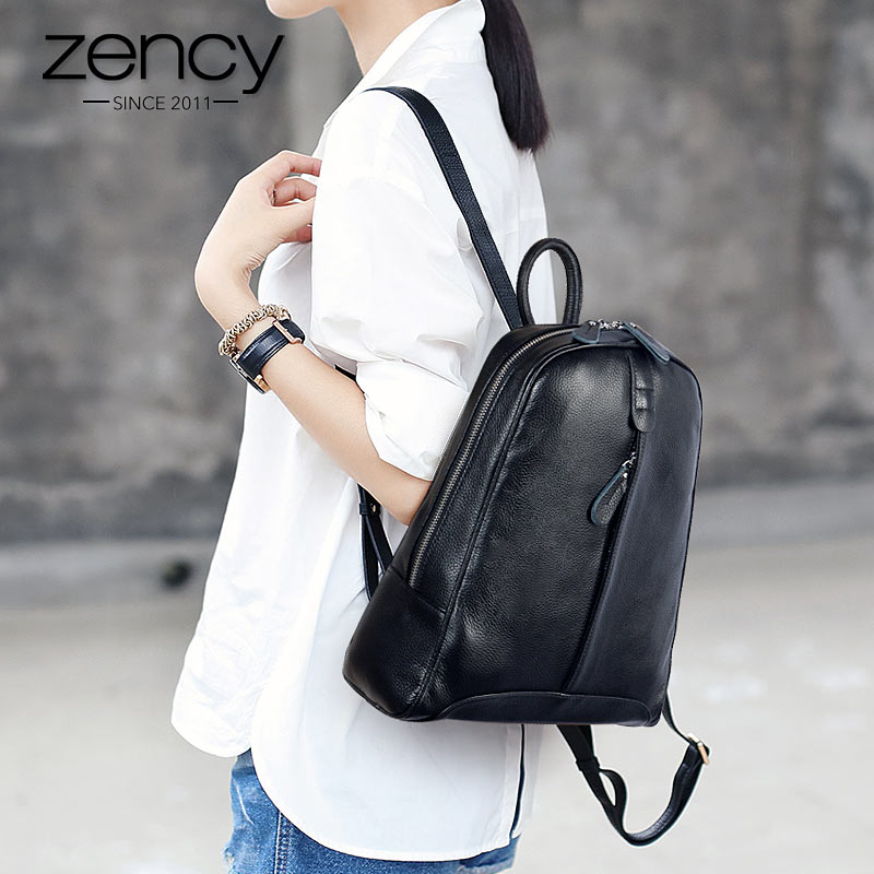 ZENCY Women 100% Full Top Genuine Real Cow Leather Cowhide White Gray Beige Pink Yellow Backpacks Ladies Schoolbag Teenagers Bag