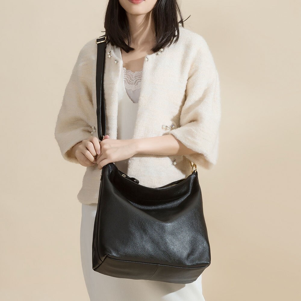 Zency Lady Casual Tote 100% Genuine Leather Handbag Black Fashion Female Crossbody Messenger Purse Elegant Shoulder Bag