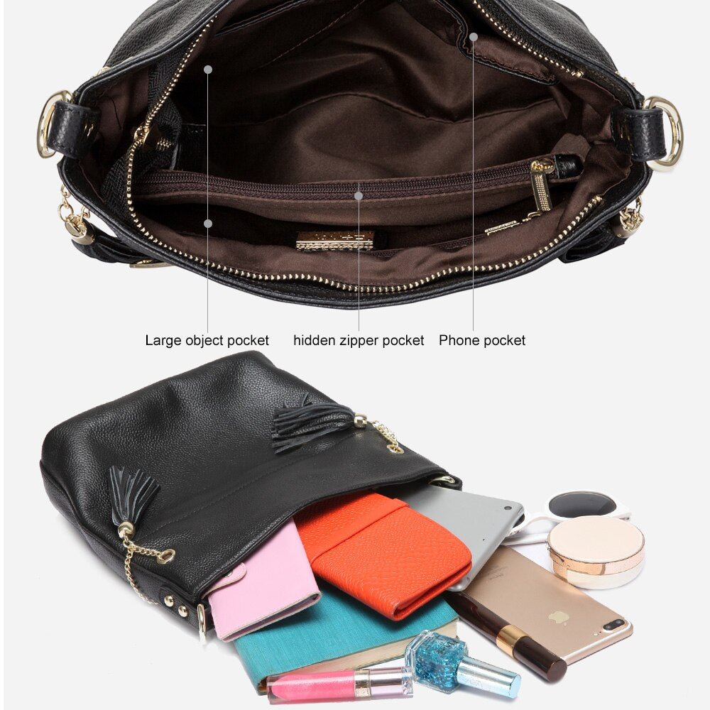 Zency 100% Genuine Leather Charm Women Shoulder Bag With Tassel Fashion Lady Messenger Crossbody Purse Black White Handbag