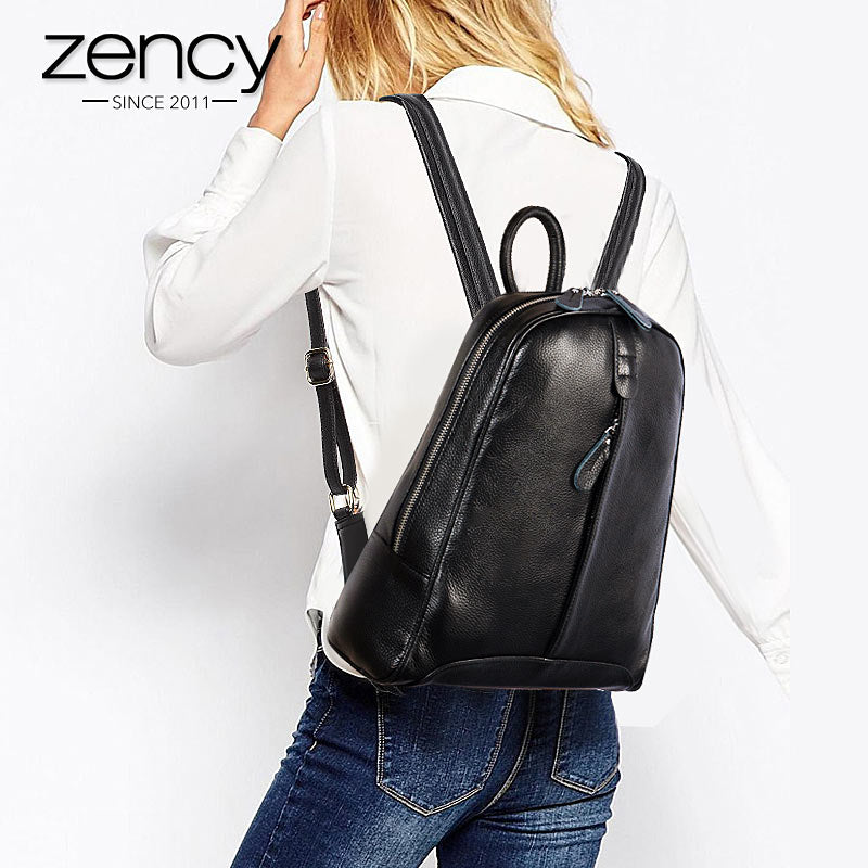 ZENCY Women 100% Full Top Genuine Real Cow Leather Cowhide White Gray Beige Pink Yellow Backpacks Ladies Schoolbag Teenagers Bag