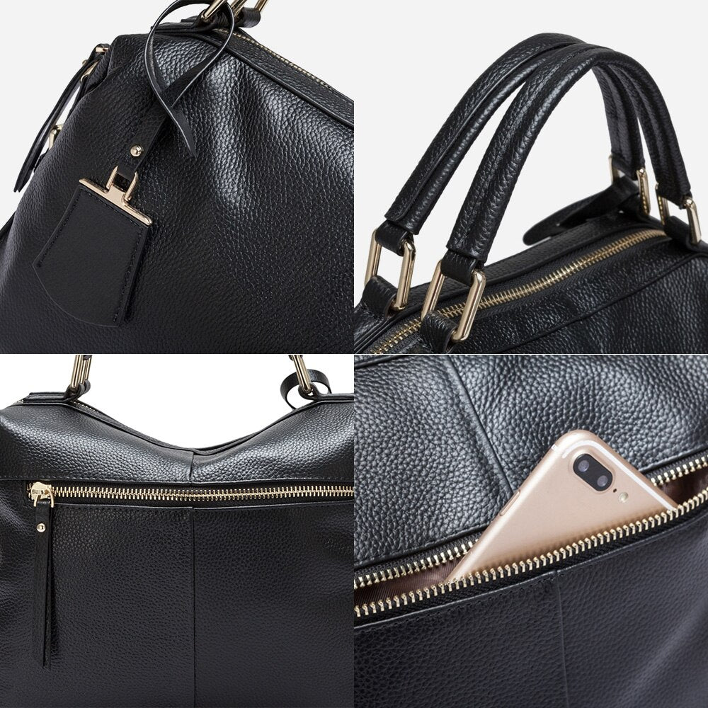 Zency New Model 100% Natural Leather Fashion Women Tote Bag Classic Black Charm Boston Handbag Travel Messenger Crossbody Female