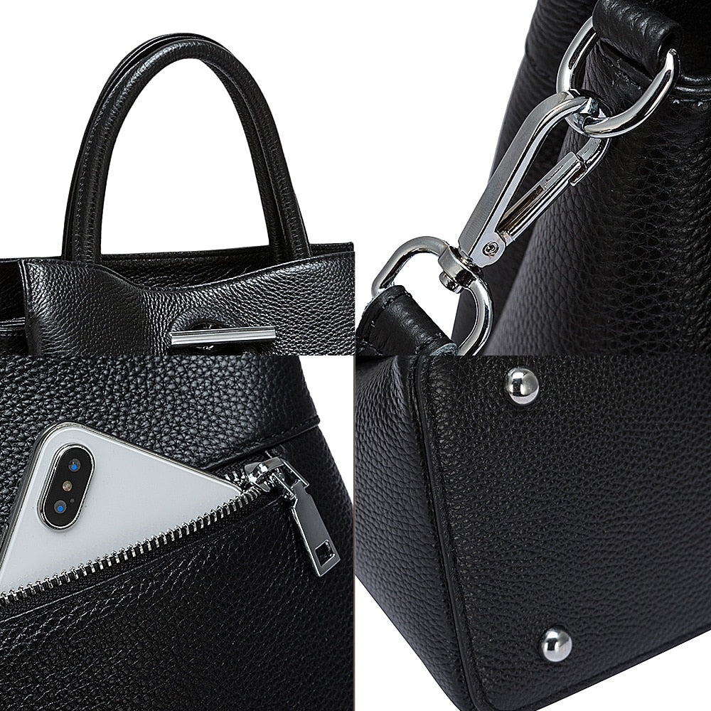 Zency Fashion Women Top-handle Bag 100% Genuine Leather Handbag Elegant Lady Crossbody High Quality Shoulder Bags Black Grey