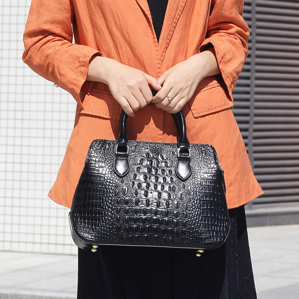 Zency Alligator Women Handbag 100% Genuine Leather Casual Tote Fashion Lady Crossbody Messenger Bag Classic Black Shoulder Purse