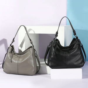 Zency 100% Genuine Leather Elegant Women Shoulder Bag Classic Black Hobos Roomy Casual Tote Handbag Crossbody Messenger Grey