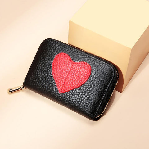 Zency Mini Short Wallet For Women Genuine Leather Heart Shape Decoration Daily Casual Coin Pocket Purse Card Holders Black Red