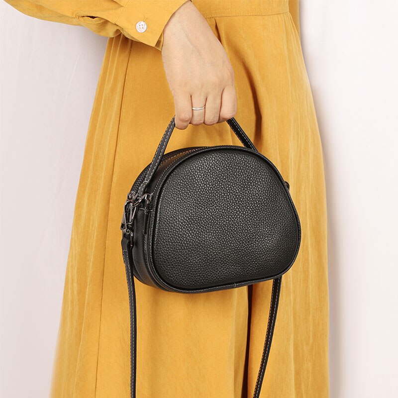 Zency Genuine Leather Retro Fashion Circular Crossbody Bags For Women 2021 Simple Luxury Small Lady Shoulder Bag Solid Handbag