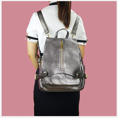 Image of ZENCY Large Fashion Genuine Leather Crocodile Pattern Women's Backpacks Ladies' School Bag Female Cowhide Designer Backpack